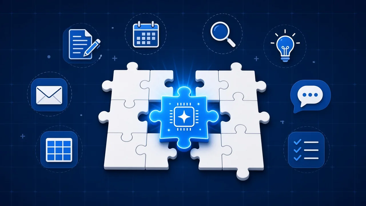 A jigsaw with one gap in the middle, filled by a glowing piece carrying an AI chip. Icons for documents, calendars, search, ideas, email, chat, spreadsheets and checklists sit around the edge.