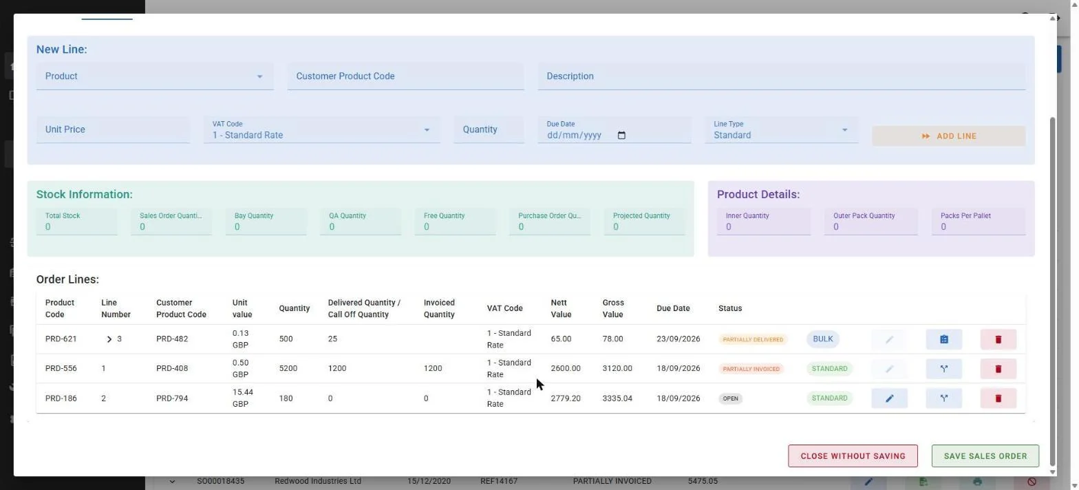 A sales order in our ERM platform. A stock information panel shows total stock, sales order quantity, bay quantity, QA quantity, free quantity, purchase order quantity and projected quantity. Below it, order lines show delivered and invoiced quantities with statuses of partially delivered, partially invoiced and open.